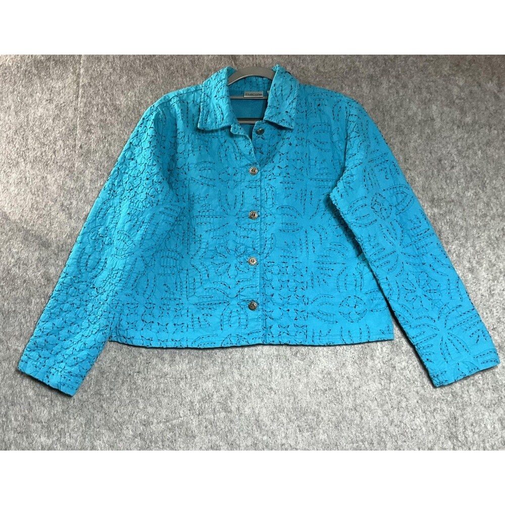 Chicos Jacket Womens 1 Medium Blue Collared Lined Button Embroidered Cotton
